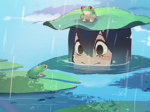 Tsuyu Asui from My Hero Academia in a Rainy Pond with Frogs and Lily Pads HD wallpaper