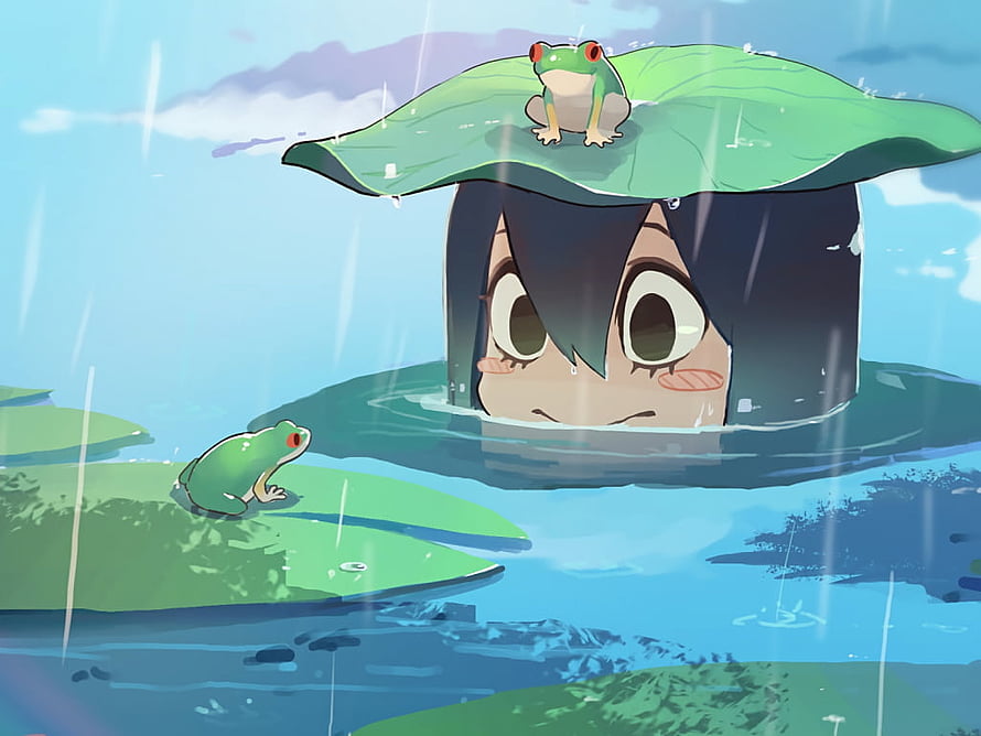 Tsuyu Asui from My Hero Academia in a Rainy Pond with Frogs and Lily Pads HD wallpaper