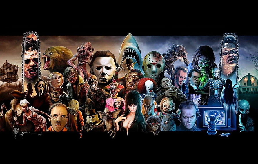 Classic Horror Movie Villains Group Portrait Illustration HD wallpaper