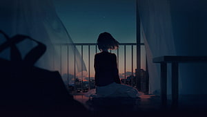 Anime Girl Sitting on Balcony at Dusk with City Skyline View HD wallpaper
