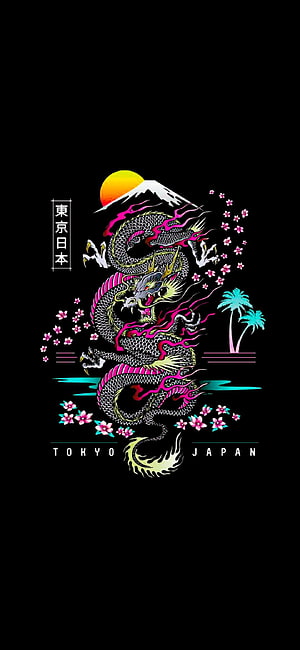 Tokyo Japan Dragon Tattoo Art with Mt. Fuji, Cherry Blossoms, and Neon Pink Accents on Black Background HD phone wallpaper