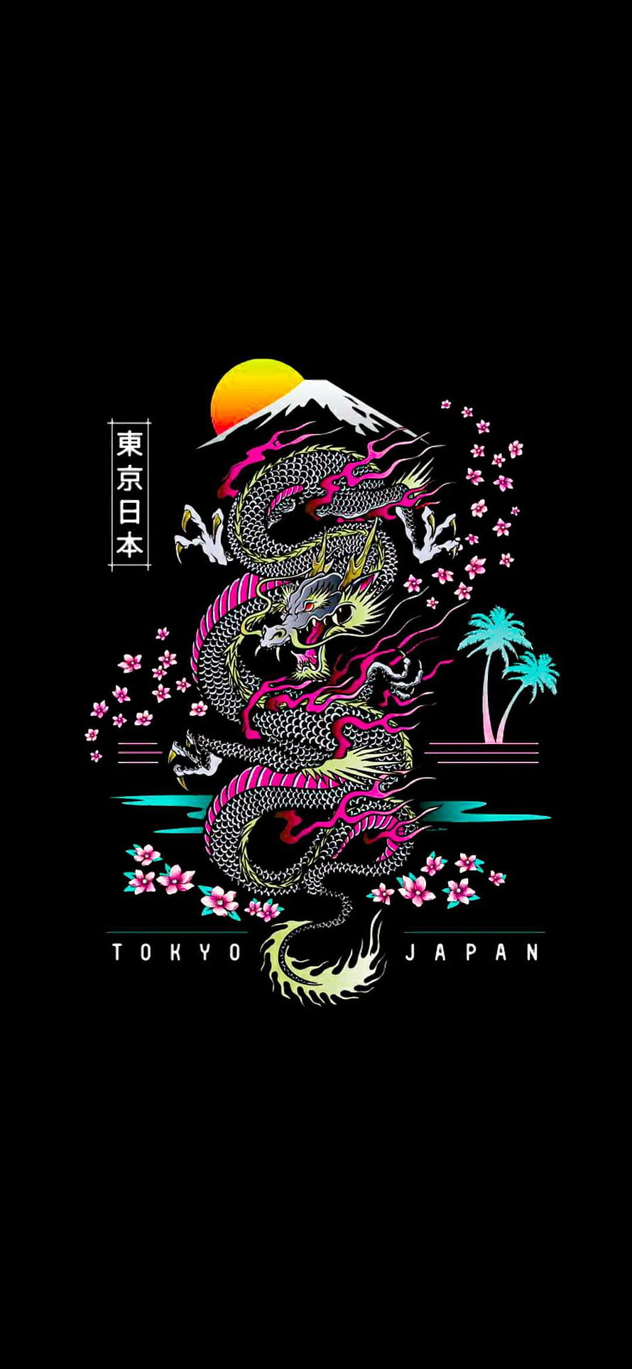 Tokyo Japan Dragon Tattoo Art with Mt. Fuji, Cherry Blossoms, and Neon Pink Accents on Black Background HD phone wallpaper