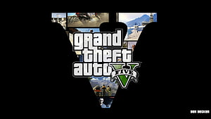 Grand Theft Auto V Logo With Game Scenes Collage on Black Background HD wallpaper