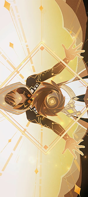 Zhongli Genshin Impact Character Artwork with Golden Geometric Patterns and Radiant Light Effects HD phone wallpaper