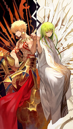 Gilgamesh and Enkidu anime duo in contrasting gold armor and white robes with dramatic split background HD phone wallpaper
