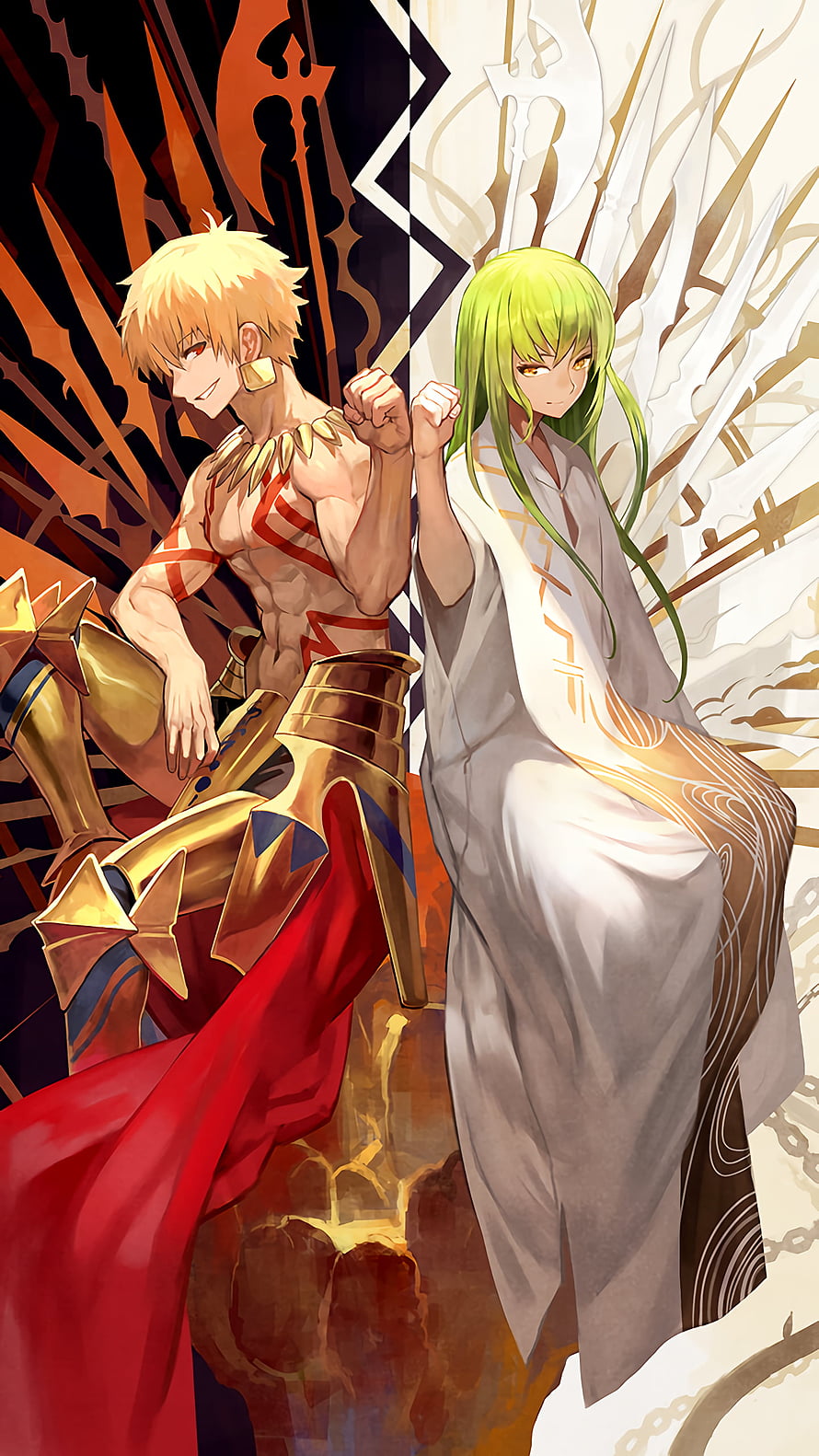 Gilgamesh and Enkidu anime duo in contrasting gold armor and white robes with dramatic split background HD phone wallpaper