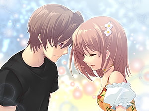 Romantic Anime Couple Sharing a Tender Moment with Soft Bokeh Background HD wallpaper