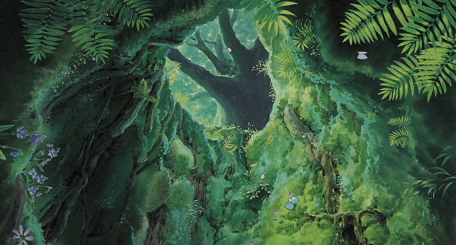 Studio Ghibli Lush Forest Canopy With Mossy Roots, Ferns, and Butterflies HD wallpaper