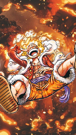 Monkey D. Luffy Gear Five Nika Form in Fiery Manga Action Scene HD phone wallpaper