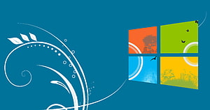 Windows 10 Desktop Wallpaper with Colorful Four-Pane Logo and White Floral Swirls on Teal Background HD wallpaper