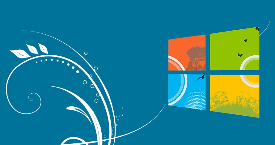 Windows 10 Desktop Wallpaper with Colorful Four-Pane Logo and White Floral Swirls on Teal Background HD wallpaper
