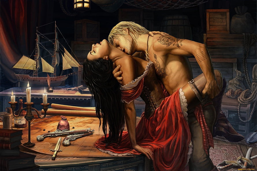 Romantic Pirate Couple Embracing in Candlelit Ship Cabin with Ship Model and Weapons HD wallpaper
