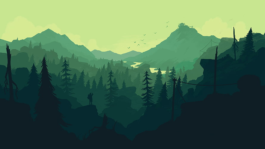 Minimalist Forest Landscape With Distant Mountains And Lone Figure Silhouette HD wallpaper