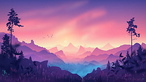 Vibrant Digital Illustration of Mountain Range at Sunset with Silhouetted Pine Trees and Misty Valley HD wallpaper