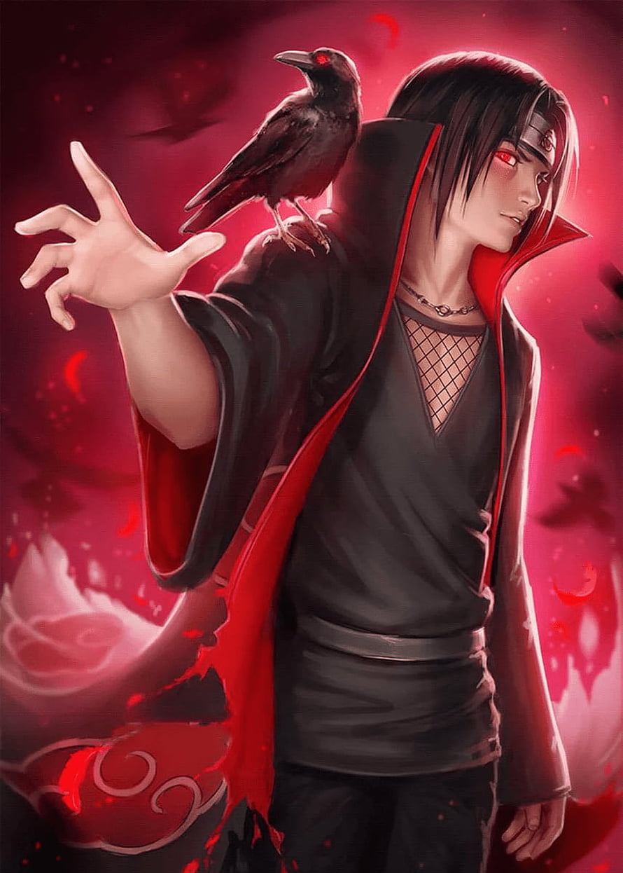 Itachi Uchiha with Crow Perched on Shoulder in Dark Red Anime Artwork HD phone wallpaper