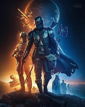 The Mandalorian and Grogu Standing on a Rocky Outcrop with Star Destroyers in Space HD phone wallpaper