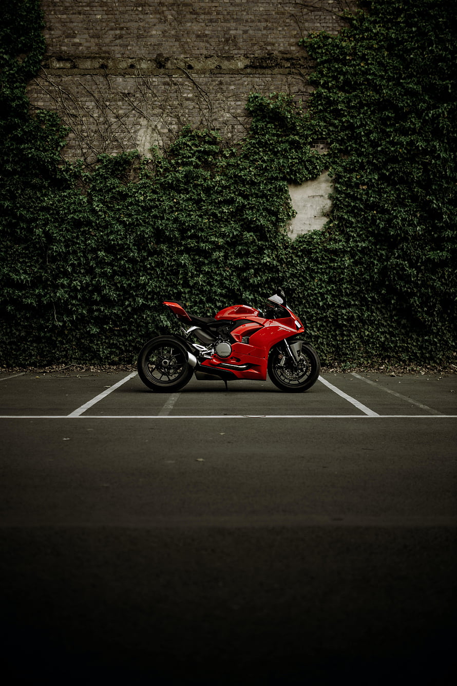 Red Ducati Panigale V2 Superbike Parked Against Ivy-Covered Brick Wall HD phone wallpaper