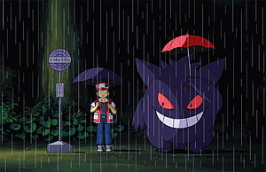 Gengar and Ash at a Rainy Night Bus Stop in the Dark Forest HD wallpaper