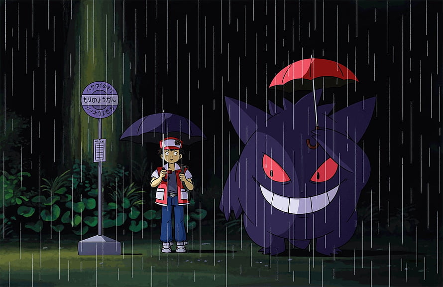 Gengar and Ash at a Rainy Night Bus Stop in the Dark Forest HD wallpaper