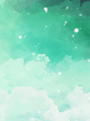 Mint Green Watercolor Sky with Soft Clouds and Sparkling Stars HD phone wallpaper