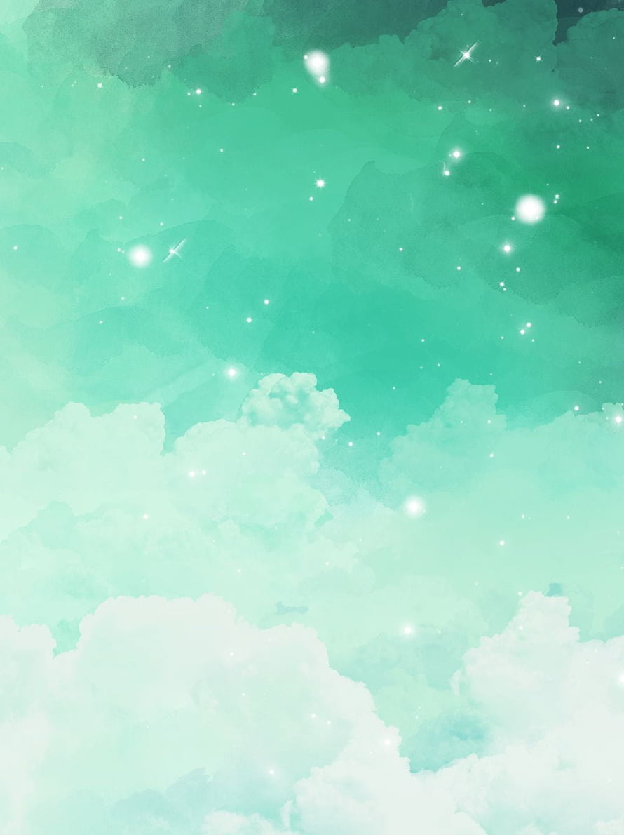 Mint Green Watercolor Sky with Soft Clouds and Sparkling Stars HD phone wallpaper