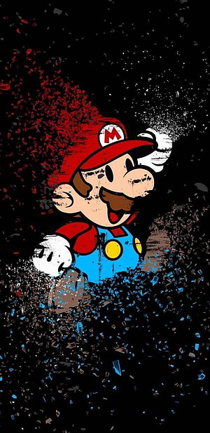 Super Mario Bros Grunge Artwork with Shattered Pixel Effects on Black Background HD phone wallpaper