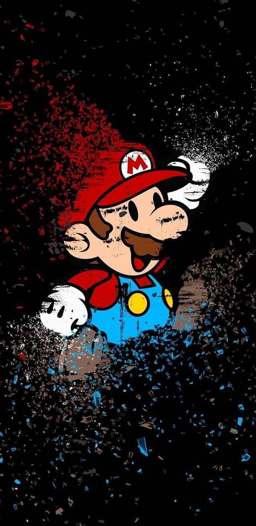Super Mario Bros Grunge Artwork with Shattered Pixel Effects on Black Background HD phone wallpaper