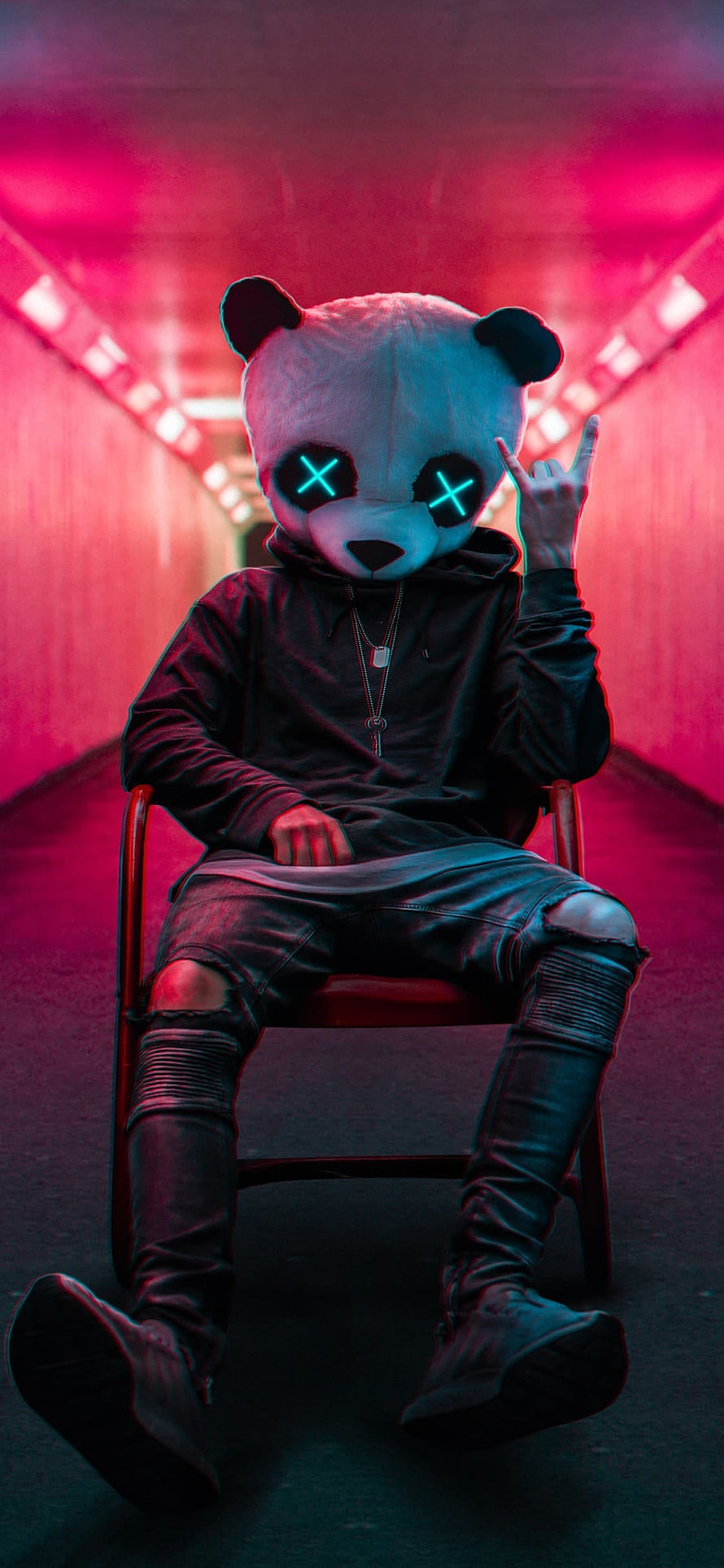 Cyberpunk Panda Mask Portrait in Neon Pink Corridor with Glowing X Eyes HD phone wallpaper