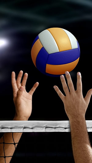 Volleyball Block at the Net with Blue Orange and White Ball HD phone wallpaper