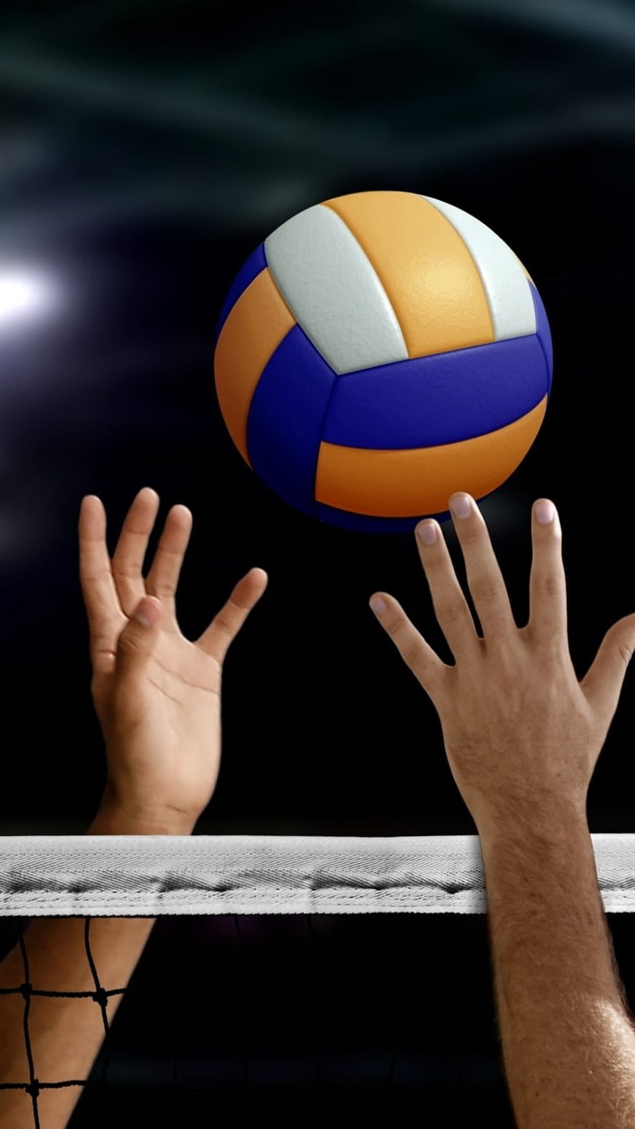 Volleyball Block at the Net with Blue Orange and White Ball HD phone wallpaper