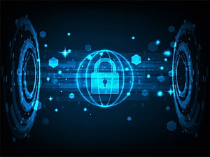 Glowing Digital Lock Icon in Futuristic Blue Cyber Security Interface HD wallpaper