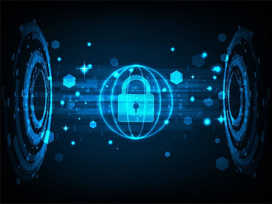 Glowing Digital Lock Icon in Futuristic Blue Cyber Security Interface HD wallpaper
