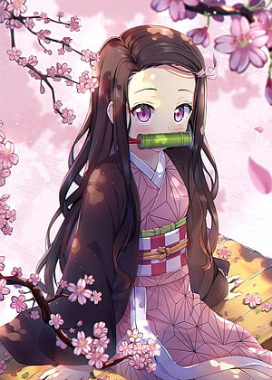 Nezuko Kamado from Demon Slayer in a Pink Kimono Under Cherry Blossoms HD phone wallpaper
