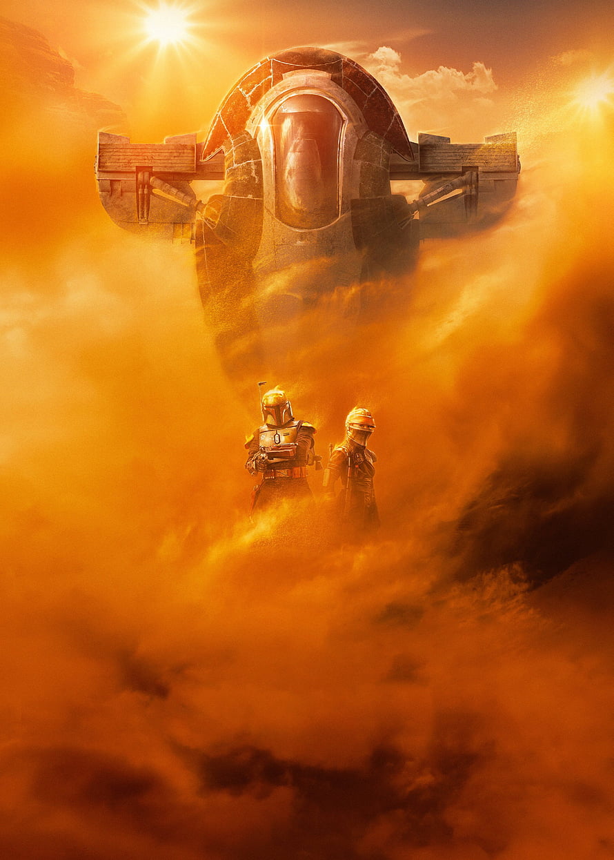 Boba Fett and Fennec Shand Stand Before the Slave I in Golden Dust HD phone wallpaper