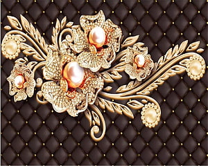 Luxurious Gold Floral Jewelry Design with Pearls and Diamonds on Dark Quilted Background HD wallpaper