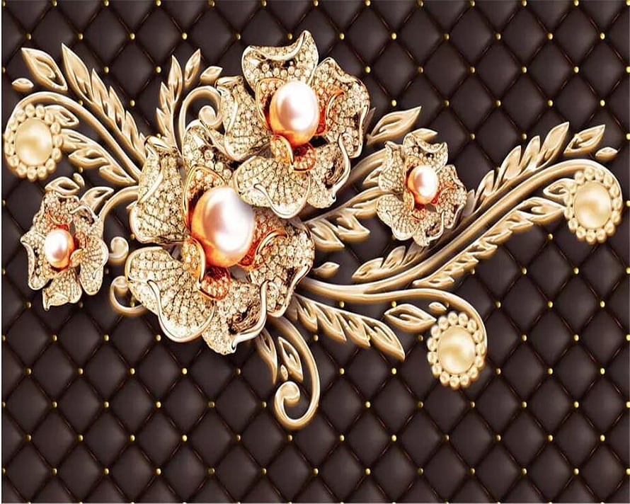 Luxurious Gold Floral Jewelry Design with Pearls and Diamonds on Dark Quilted Background HD wallpaper
