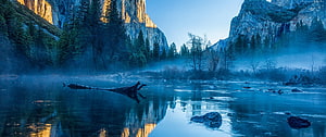 Misty River Valley with Golden Cliff Reflections at Dawn HD wallpaper