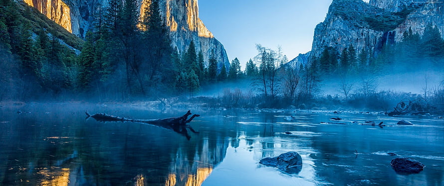 Misty River Valley with Golden Cliff Reflections at Dawn HD wallpaper