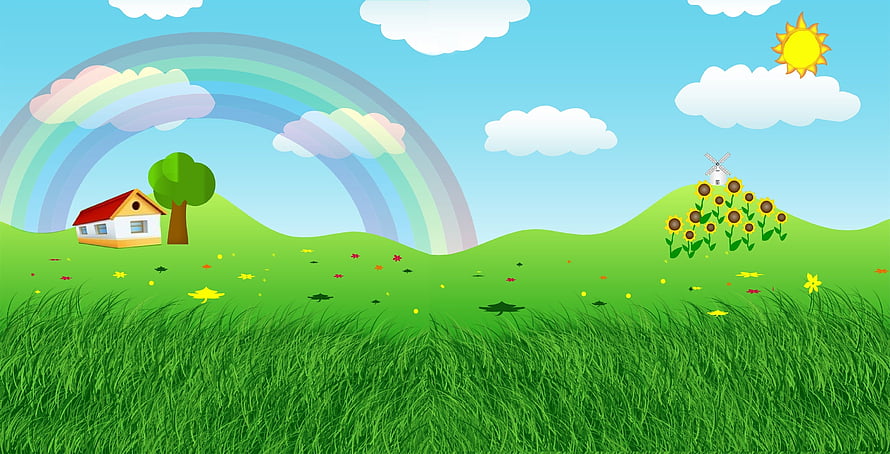 Cheerful Cartoon Meadow With Rainbow, Cottage, Windmill, And Sunflowers Under A Bright Blue Sky HD wallpaper