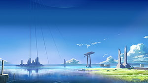 Serene Anime Sci-Fi Coastal Cityscape with Futuristic Towers and Calm Waters HD wallpaper