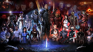 Mass Effect Legendary Character Lineup with Commander Shepard and Galaxy Squad HD wallpaper