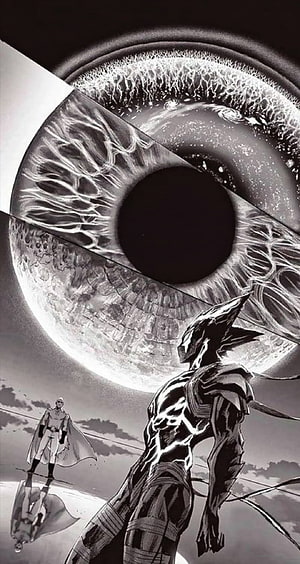 One Punch Man manga panel featuring Saitama and a dark armored warrior beneath a giant eye, One punch man, manga, anime HD phone wallpaper