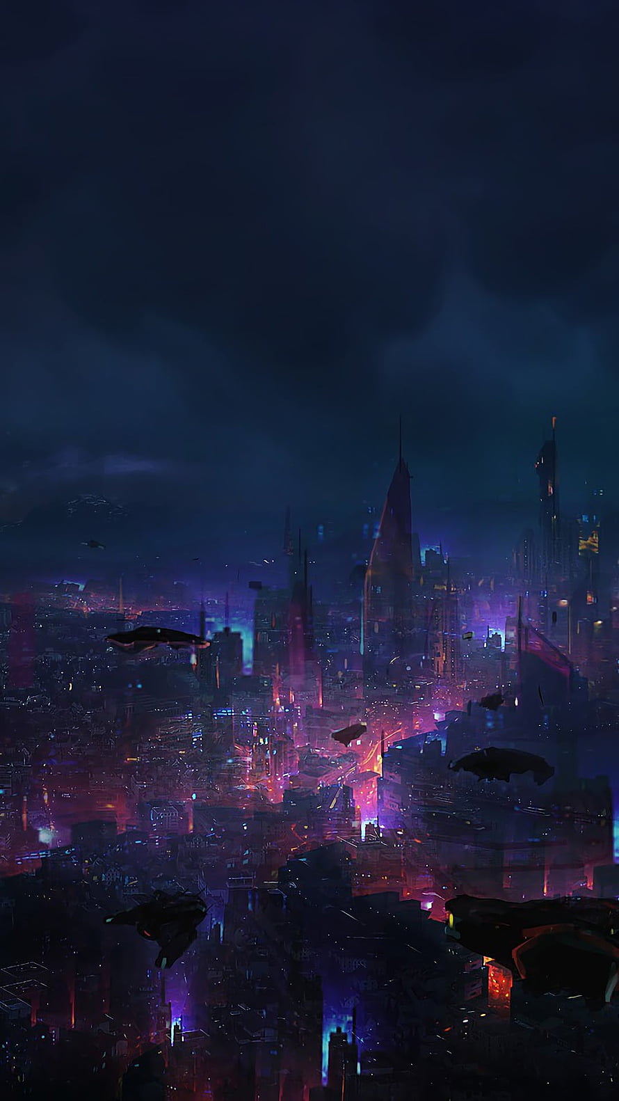 Neon-lit futuristic metropolis at night with flying vehicles and towering skyscrapers under a dark stormy sky HD phone wallpaper