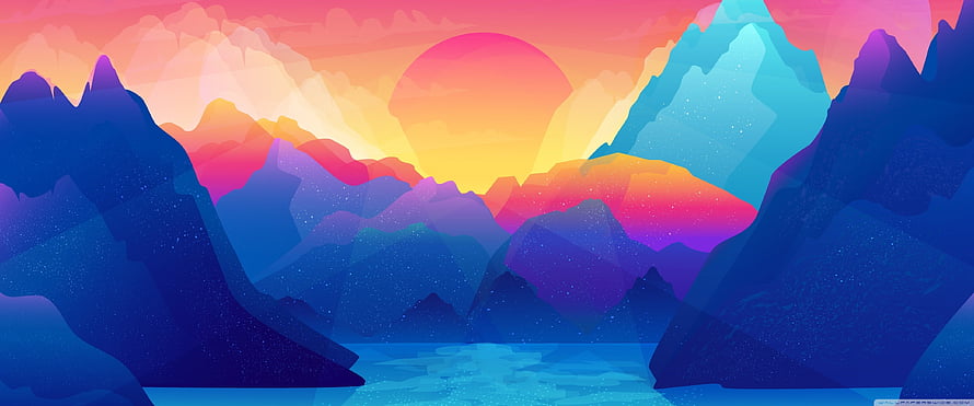 Vibrant Low Poly Mountain Landscape with Sunset and Lake Reflection HD wallpaper
