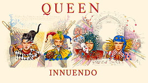 Queen Innuendo Album Cover Art Featuring Four Band Members in Surreal Circus Costumes HD wallpaper