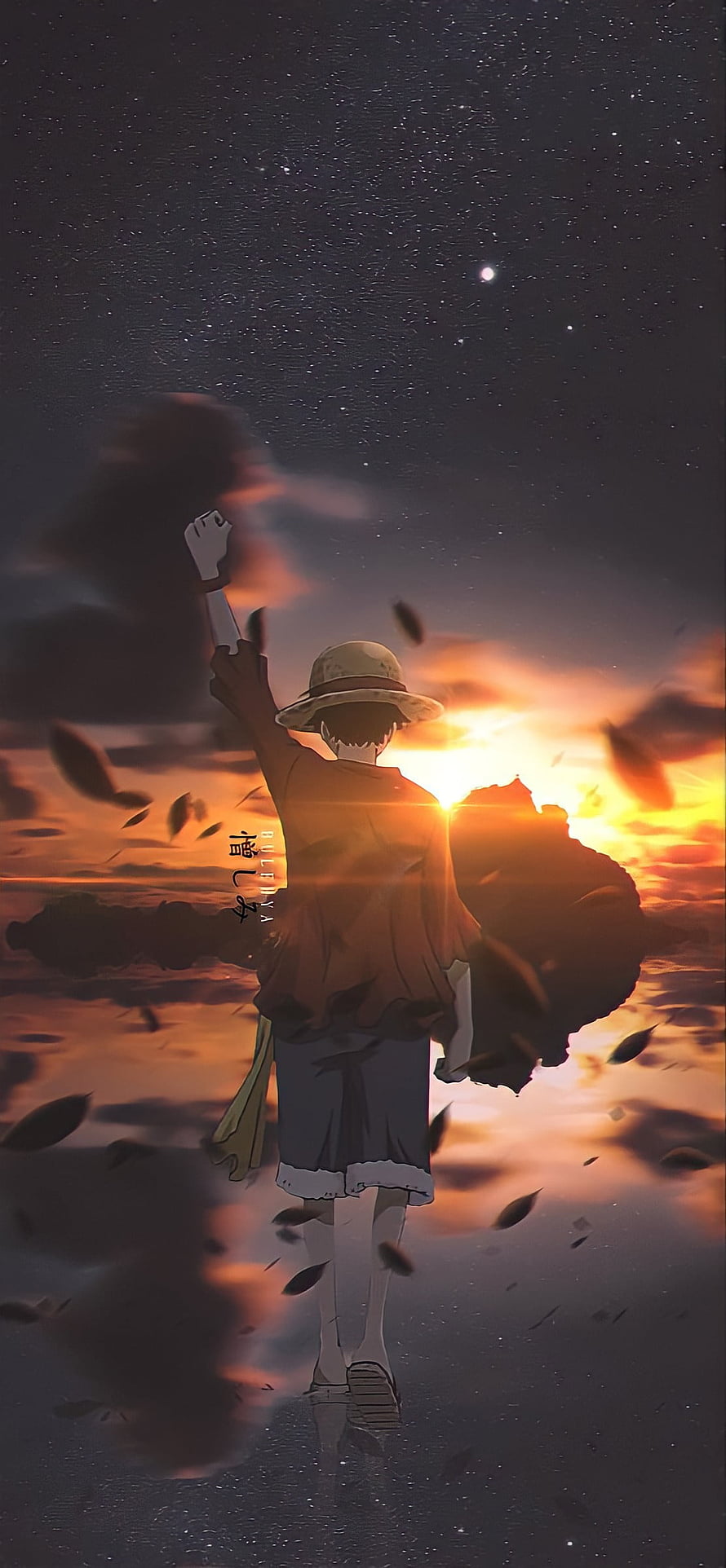 Monkey D. Luffy from One Piece Standing Silhouette Against Dramatic Sunset Sky HD phone wallpaper