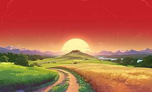 Vibrant Digital Illustration of a Winding Path Through Golden Fields at Sunset HD wallpaper