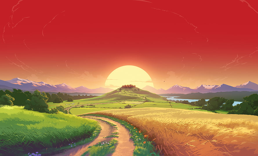 Vibrant Digital Illustration of a Winding Path Through Golden Fields at Sunset HD wallpaper