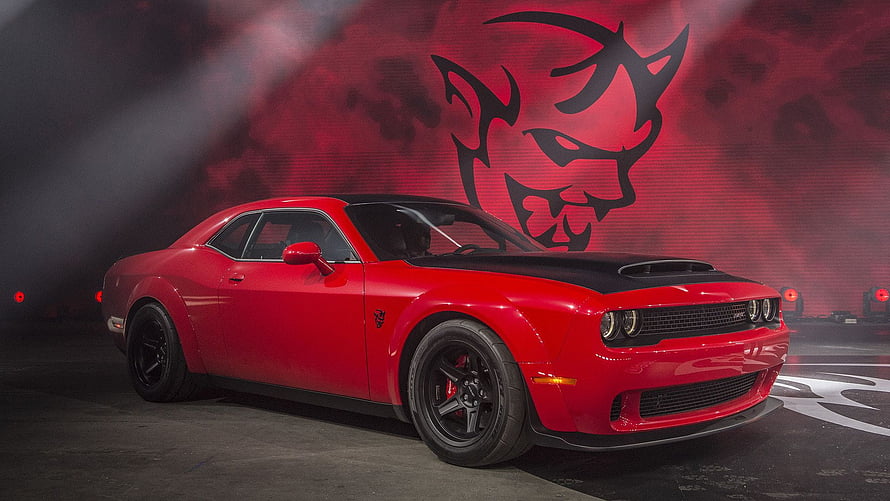 Red Dodge Challenger SRT Demon with Black Hood and Demon Logo Backdrop HD wallpaper
