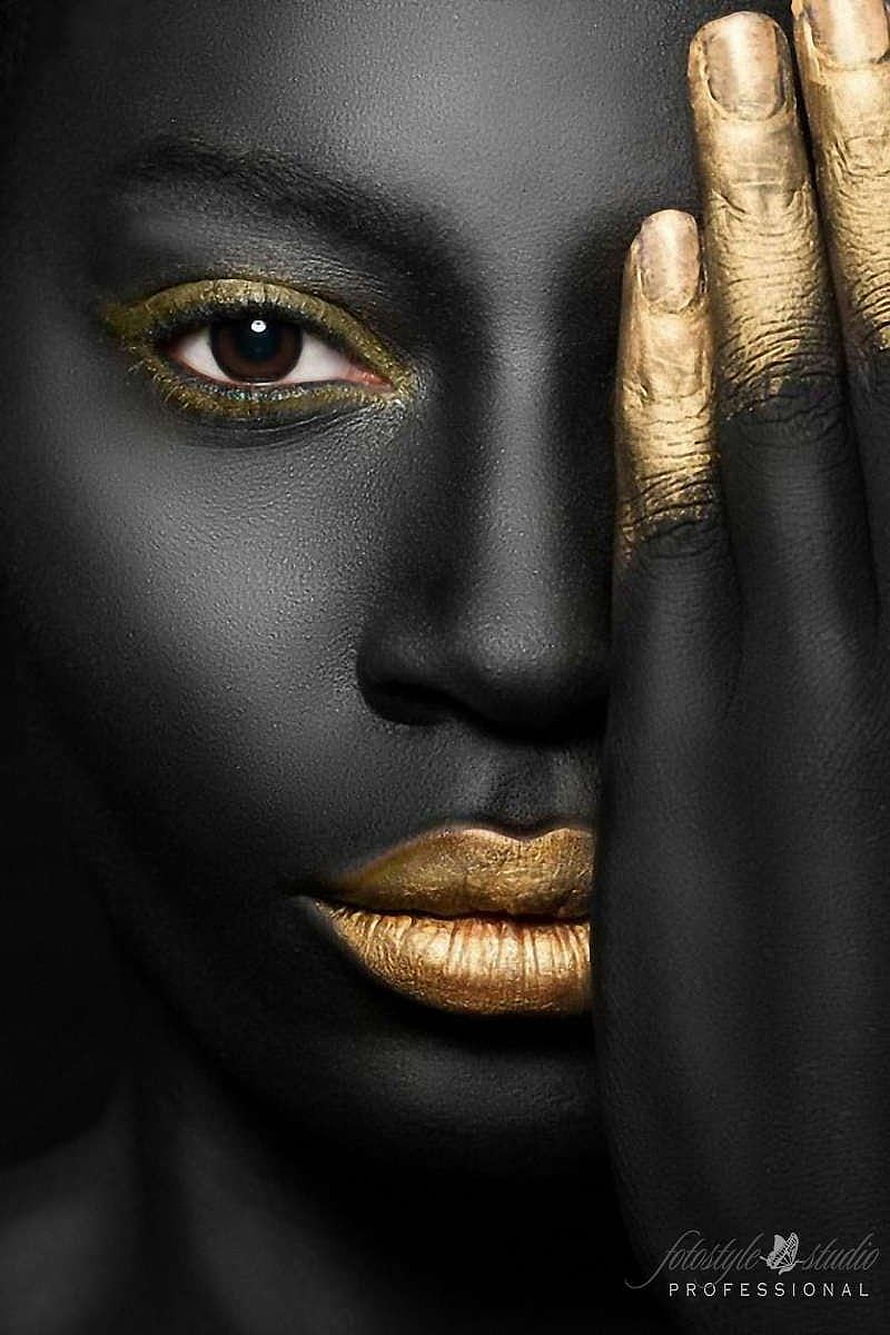 Black and Gold Artistic Portrait of a Woman with Metallic Makeup HD phone wallpaper